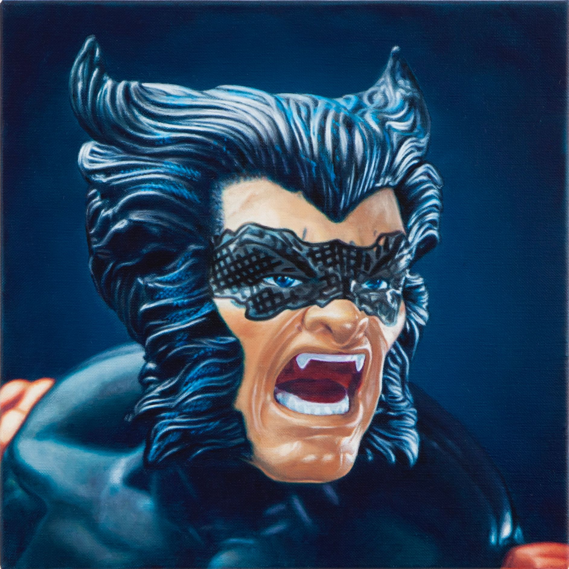 Hyperrealistisk oliemaleri af Wolverine af Christoffer Munch Andersen. En ikonisk gengivelse af den kendte tegneseriefigur, hvor lys og skygge skaber en næsten skulpturel effekt.